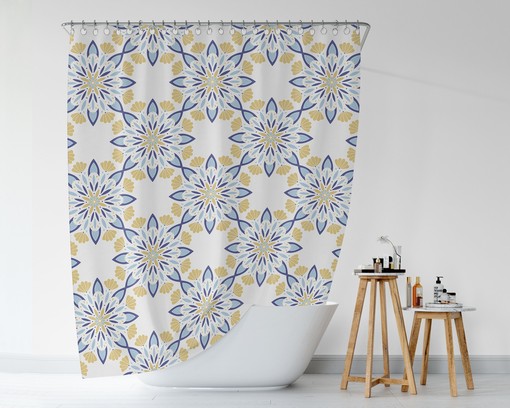 Blue and Yellow Zen Mandala Print Shower Curtain for Ethnic Bath Decor