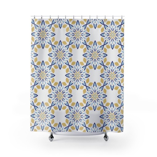 Blue and Yellow Zen Mandala Print Shower Curtain for Ethnic Bath Decor - Image 2