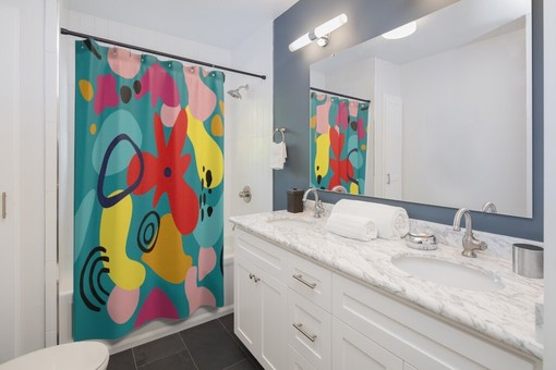 Bohemian Abstract Art Shower Curtain - Teal Blue and Bohemian Design for a Mid Century Modern Bathroom - Image 2