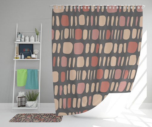 Bohemian Abstract Pattern Fabric Shower Curtain and Mat, Vintage Retro Bathroom Decor