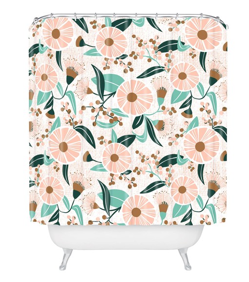 Bohemian Bathroom Decor in Feminine Pink Madelyn Design Shower Curtain with Floral Print - Image 2