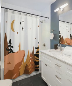 Bohemian Bathroom Decor with Abstract Mountains Brown and Yellow Boho Shower Curtain