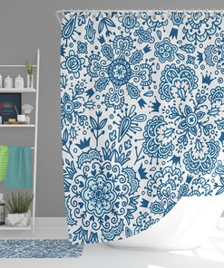 Bohemian Blue Floral Vintage Retro Shower Curtain and Mat, Rustic Bathroom Decor Accessories