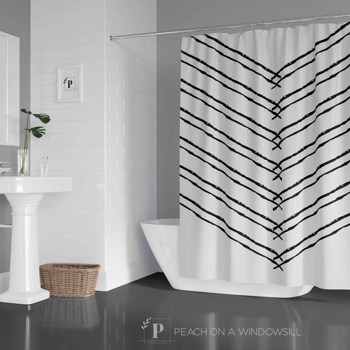 Bohemian Chevron Shower Curtain - Black and White Abstract Bathroom Art for Boho Style