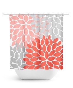 Bohemian Coral Gray Vintage Floral Shower Curtain | Fabric Bath Decor for Coral Bathroom