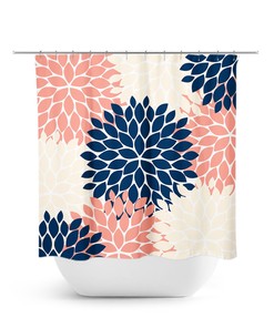 Bohemian Coral Navy Flower Shower Curtain | Tropical Bath Decor for Coral Blue Bathroom