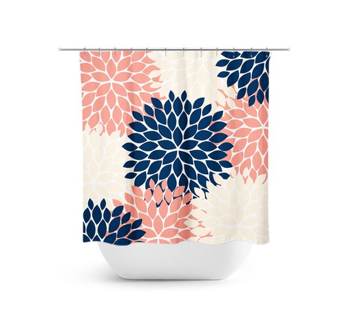 Bohemian Coral Navy Flower Shower Curtain | Tropical Bath Decor for Coral Blue Bathroom