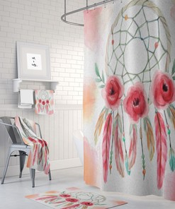 Bohemian Dream Catcher Shower Curtain featuring Painted Rose Bath Mat and Towels Option for Boho Ambiance
