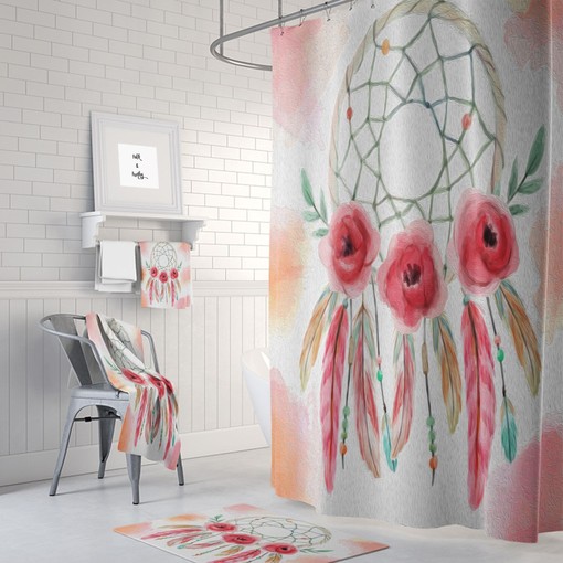 Bohemian Dream Catcher Shower Curtain featuring Painted Rose Bath Mat and Towels Option for Boho Ambiance
