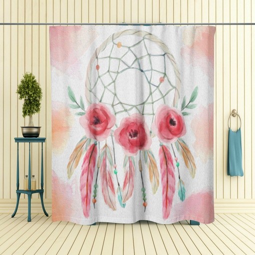 Bohemian Dream Catcher Shower Curtain featuring Painted Rose Bath Mat and Towels Option for Boho Ambiance - Image 2