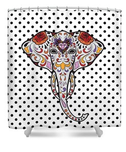 Bohemian Elephant Shower Curtain with Polka Dot Sugar Skull Design and Dreamy Accents
