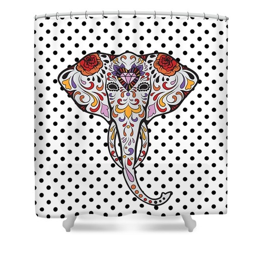 Bohemian Elephant Shower Curtain with Polka Dot Sugar Skull Design and Dreamy Accents