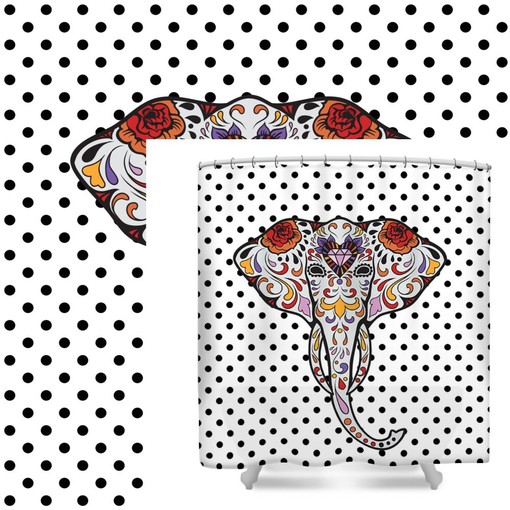 Bohemian Elephant Shower Curtain with Polka Dot Sugar Skull Design and Dreamy Accents - Image 2