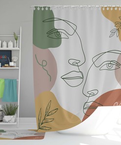 Bohemian Face Portrait Line Drawing Shower Curtain, Retro Bathroom Decor Accessories
