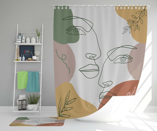 Bohemian Face Portrait Line Drawing Shower Curtain, Retro Bathroom Decor Accessories