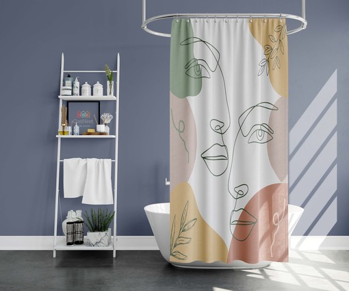 Bohemian Face Portrait Line Drawing Shower Curtain, Retro Bathroom Decor Accessories - Image 2