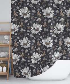 Bohemian Floral Shower Curtain / Colorful Boho Bath Decor / White Grey Brown Flowers Bath Curtain
