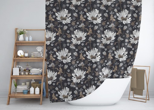 Bohemian Floral Shower Curtain / Colorful Boho Bath Decor / White Grey Brown Flowers Bath Curtain