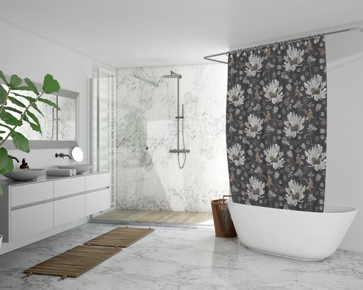 Bohemian Floral Shower Curtain / Colorful Boho Bath Decor / White Grey Brown Flowers Bath Curtain - Image 3