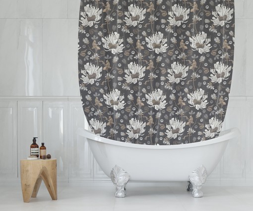 Bohemian Floral Shower Curtain / Colorful Boho Bath Decor / White Grey Brown Flowers Bath Curtain - Image 4