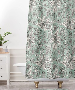 Bohemian Floral Shower Curtain, Green Botanical Bath Decor, Vintage-Inspired Fabric Bath Curtain