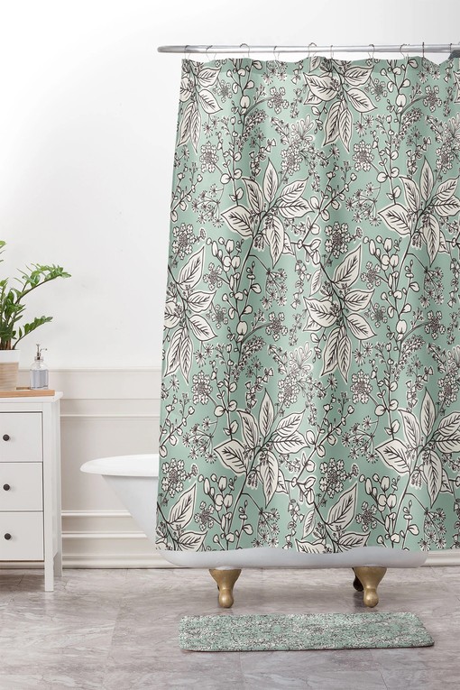 Bohemian Floral Shower Curtain, Green Botanical Bath Decor, Vintage-Inspired Fabric Bath Curtain
