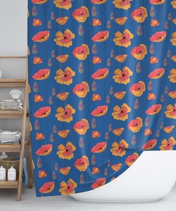 Bohemian Floral Shower Curtain / Orange & Blue Floral Boho Bath Accessories / Modern Design