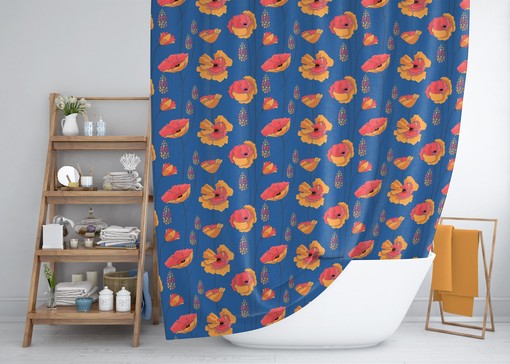 Bohemian Floral Shower Curtain / Orange & Blue Floral Boho Bath Accessories / Modern Design