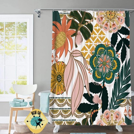 Bohemian Floral Shower Curtain with Retro Boho Style