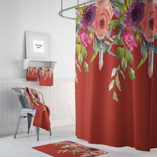 Bohemian Gypsy Floral Print Shower Curtain Set - Boho-Chic Bath Set with Optional Mat and Towels for Free