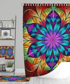 Bohemian Mandala Shower Curtain with Matching Bath Mat and Towels for Ethnic Bathroom Decor