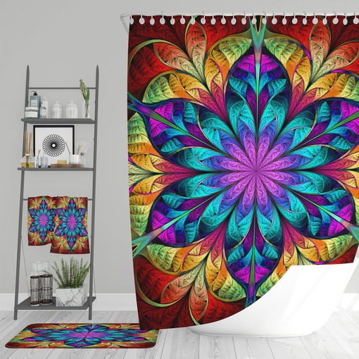 Bohemian Mandala Shower Curtain with Matching Bath Mat and Towels for Ethnic Bathroom Decor