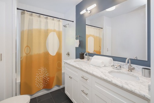 Bohemian Ombre Orange and Beige Geometric Art Design Mid Mod Shower Curtain for a Bohemian Chic Bathroom - Image 2