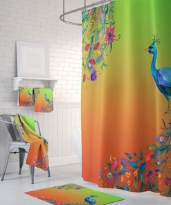 Bohemian Peacock Feather Shower Curtain with Matching Accessories for Colorful Bathroom Decor