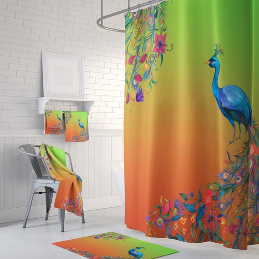 Bohemian Peacock Feather Shower Curtain with Matching Accessories for Colorful Bathroom Decor