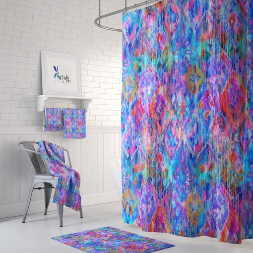 Bohemian Wild Shibori Shower Curtain Set with Coordinated Bath Towel and Mat for Free Spirited Vibe