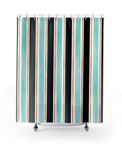 Boho Bath Curtain with Vertical Stripes in Black, Aqua, and Gold Glitter for Luxury Bathroom Decor