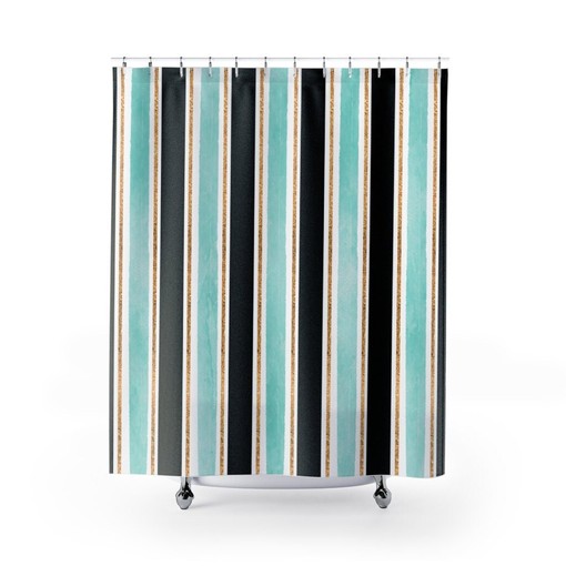 Boho Bath Curtain with Vertical Stripes in Black, Aqua, and Gold Glitter for Luxury Bathroom Decor