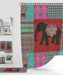 Boho Batik Elephant Shower Curtain Set with Customizable Bath Mat and Towel Options