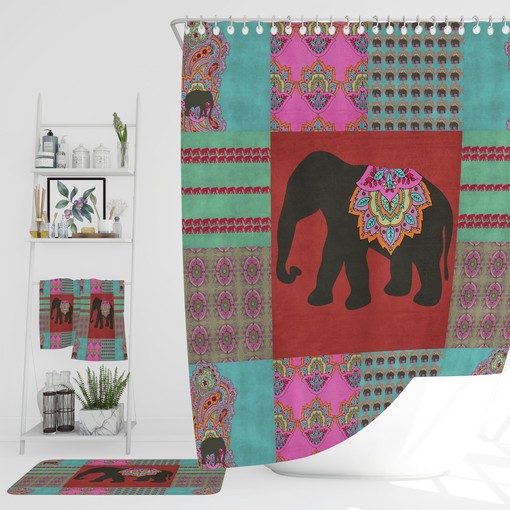 Boho Batik Elephant Shower Curtain Set with Customizable Bath Mat and Towel Options