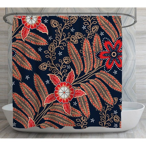 Boho Batik Shower Curtain | Red and Blue Floral Pattern | Ethnic Bathroom Decor | Customizable