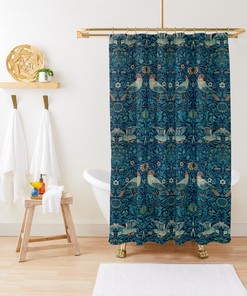 Boho Birds and Strawberries Shower Curtain - Art Nouveau Design Featuring Eco-Friendly and Waterproof Materials
