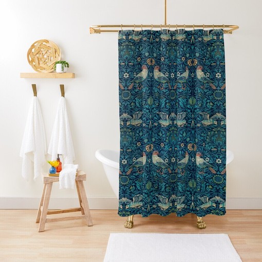 Boho Birds and Strawberries Shower Curtain - Art Nouveau Design Featuring Eco-Friendly and Waterproof Materials