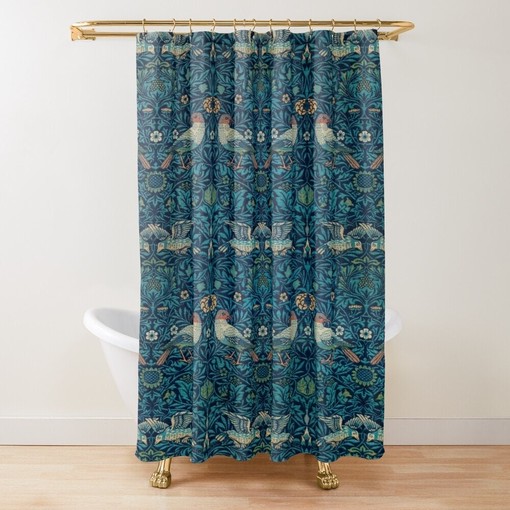 Boho Birds and Strawberries Shower Curtain - Art Nouveau Design Featuring Eco-Friendly and Waterproof Materials - Image 2