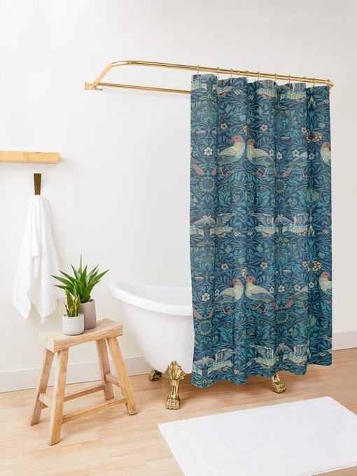 Boho Birds and Strawberries Shower Curtain - Art Nouveau Design Featuring Eco-Friendly and Waterproof Materials - Image 3