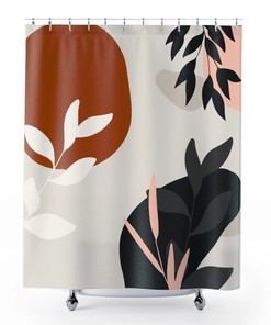Boho Botanical Abstract Shower Curtain / Rustic Chic Beige Rust Black White Branches Leaves Bath Print