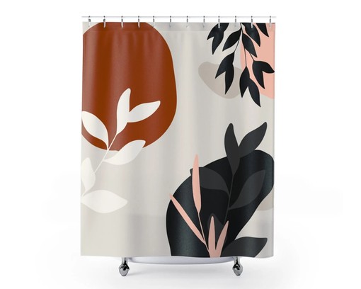 Boho Botanical Abstract Shower Curtain / Rustic Chic Beige Rust Black White Branches Leaves Bath Print