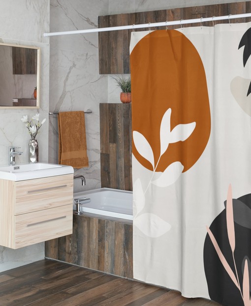 Boho Botanical Abstract Shower Curtain / Rustic Chic Beige Rust Black White Branches Leaves Bath Print - Image 3