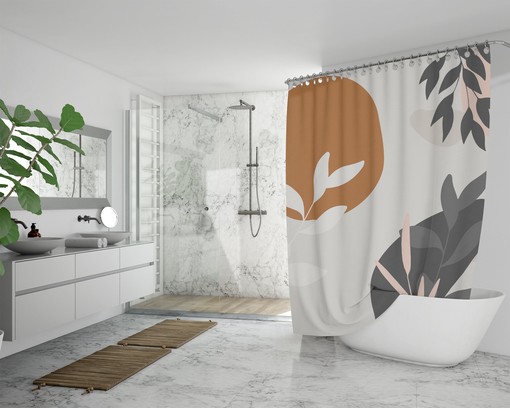 Boho Botanical Abstract Shower Curtain / Rustic Chic Beige Rust Black White Branches Leaves Bath Print - Image 4