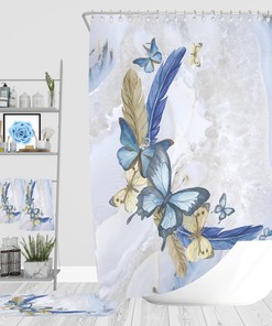 Boho Butterfly Bathroom Decor with Blue Shower Curtain and Bath Set Options